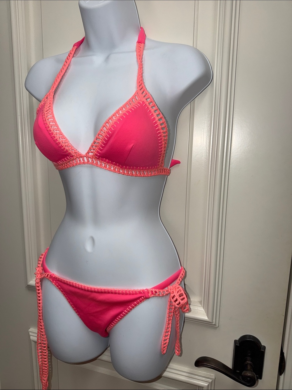 victorias secret neon pink peach crochet string bikini swimsuit knit set